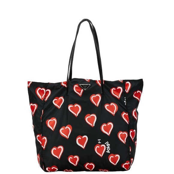 Prada Black Nylon Red Heart Stampato Nylon Tote Bag - Picture 1 of 9